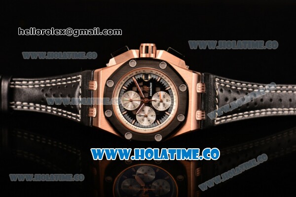 Audemars Piguet Rubens Barrichello Chrono Miyota Quartz Rose Gold Case with PVD Bezel Black Leather Stick and Black Skeleton Dial (EF) - Click Image to Close